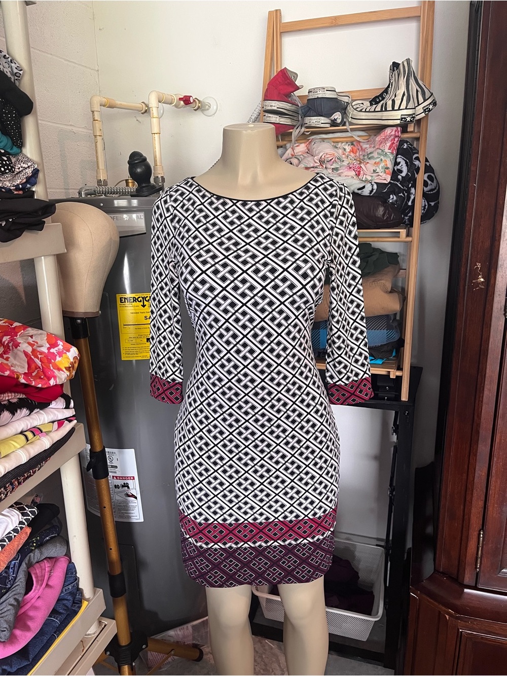 White House Black Market Black & White Geometric Sheath Dress with Berry Borders